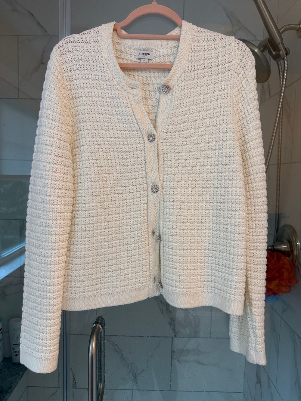 J. Crew Ivory Crochet Knit Cardigan with Jeweled Buttons